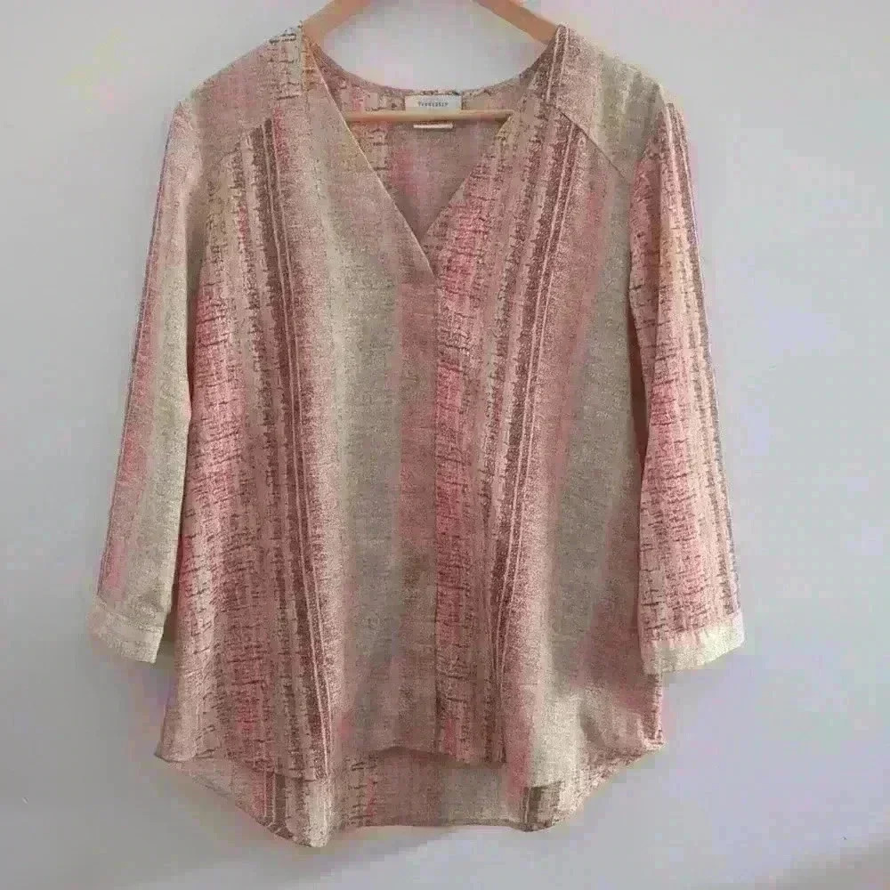 VAN HEUSEN  | Women's Pink/Beige V-neck 3/4 Length Sleeved Blouse